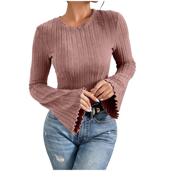 XuJwPNcy Women's Bell Sleeve Crop Tops Dressy Casual Crewneck Ribbed Knit Pullover Going out T-Shirts T Fall Fashion Outfits(Pink,XX-Large)