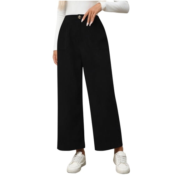 XuJwPNcy Women's Corduroy Pants High Rise Wide Leg Fall Fashion Pants Business Casual Baggy Trouser with Pockets(Black,Small)