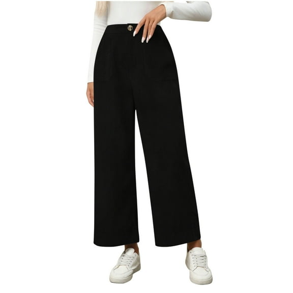 XuJwPNcy Women's Corduroy Pants High Rise Wide Leg Fall Fashion Pants Business Casual Baggy Trouser with Pockets（Black,X-Large)