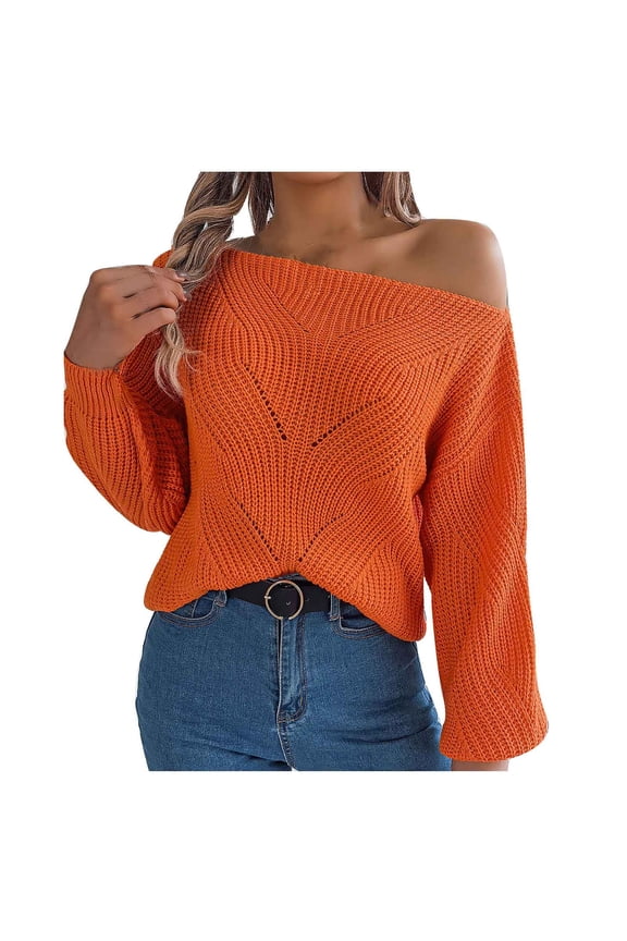 Women's Fall Sweaters Casual Long Sleeve Loose off Shoulder Knit Tops Solid Color Sweater Pullover