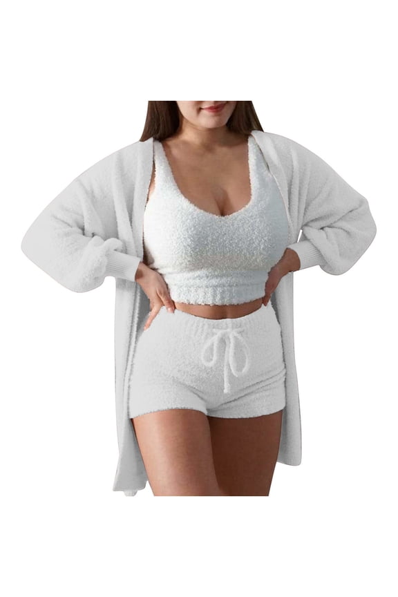 Women's Fuzzy 3 Piece Outfits Fleece Hooded Cardigan Warm Crop Top with Shorts Set Pajamas Matching Loungewear