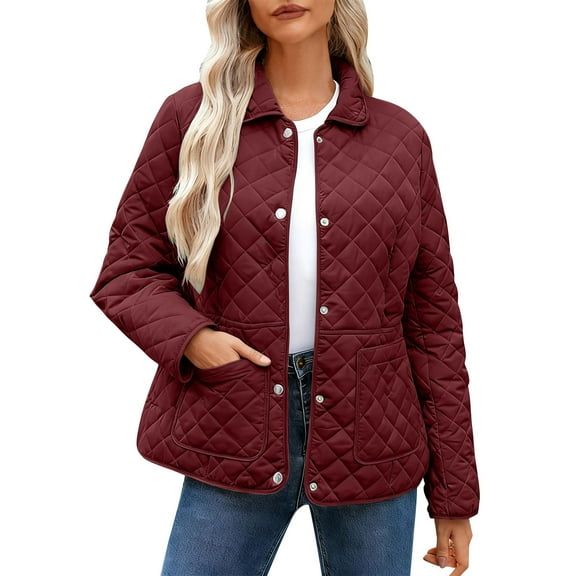 XuJwPNcy Women's Lightweight Puffer Jacket Casual Long Sleeve Crop Quilted Winter Coat Button down Padded Outerwear with Pockets(Red,Small)