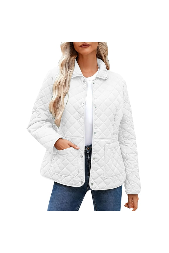 Women's Lightweight Puffer Jacket Casual Long Sleeve Crop Quilted Winter Coat Button down Padded Outerwear with Pockets(White,X-Large)