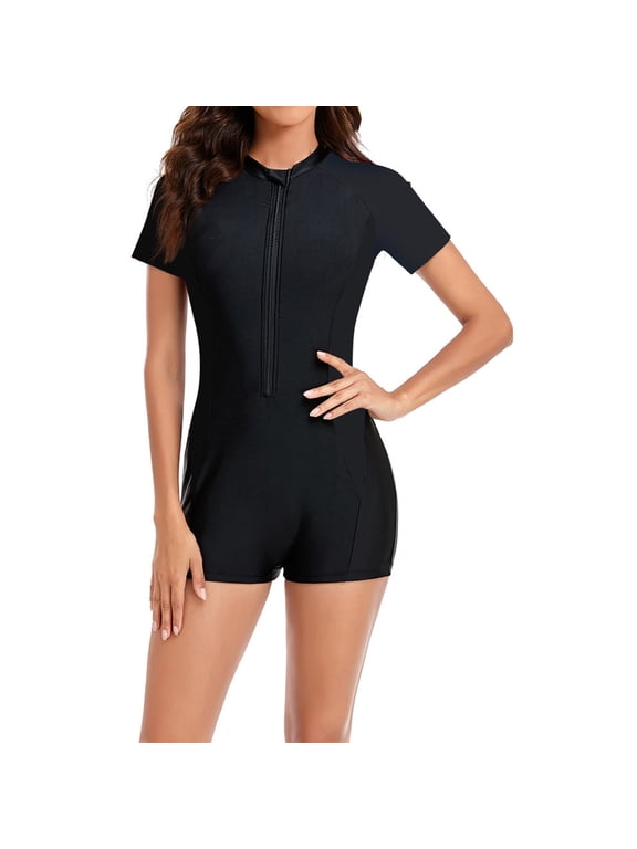Women's One Piece Swimsuit Rash Guard Half Zip Front Bathing Suit Short Sleeve Slimming Athletic Swimsuits