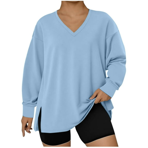 XuJwPNcy Women's Plus Size V Neck T Shirts Long Sleeve Solid Color Pullover Tees Casual Loose Side Split Tops Fall Outfits for Women（Blue,Large)