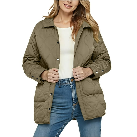 XuJwPNcy Women's Quilted Lightweight Puffer Jackets Long Sleeve Winter Cotton Padded Coat Jacket Warm Outerwear(Khaki,X-Large)