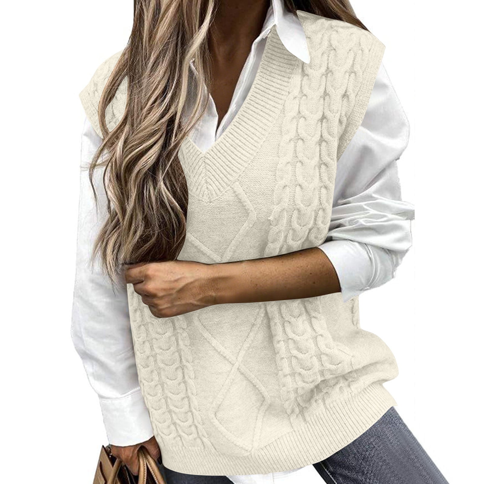 Women V Neck Knit Sweater Vest Office Lady Solid Elastic Sleeveless Casual Knitted Vests Apricot S At Women's Clothing Store