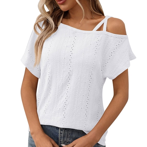 XuJwPNcy Women's Tops Casual One Shoulder Summer Short Sleeve T-Shirt Eyelet Spaghetti Strap Asymmetric Vacation Clothes