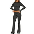 thumbnail image 1 of XuJwPNcy Women's Two Piece Outfit Basic Long Sleeve Crop Top with Low Rise Flare Pants Lounge Set Yoga Tracksuit, 1 of 7