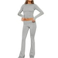 thumbnail image 1 of XuJwPNcy Women's Two Piece Outfit Basic Long Sleeve Crop Top with Low Rise Flare Pants Lounge Set Yoga Tracksuit, 1 of 7