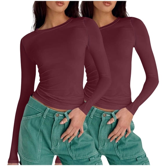 XuJwPNcy Womens 2 Pack Long Sleeve Shirts Basic Fall Crop Tops Slim Fit Going out Clothes Lightweight Tight Tee