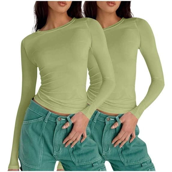 XuJwPNcy Womens 2 Pack Long Sleeve Shirts Basic Fall Crop Tops Slim Fit Going out Clothes Lightweight Tight Tee