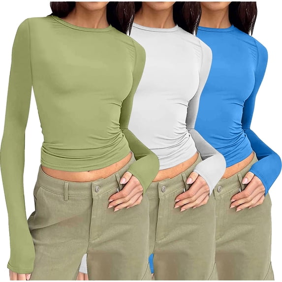 XuJwPNcy Womens 3 Piece Long Sleeve T Shirts Crew Neck Basic Crop Tops Slim Fit T Shirt Basic Layer Tee Going out Clothes