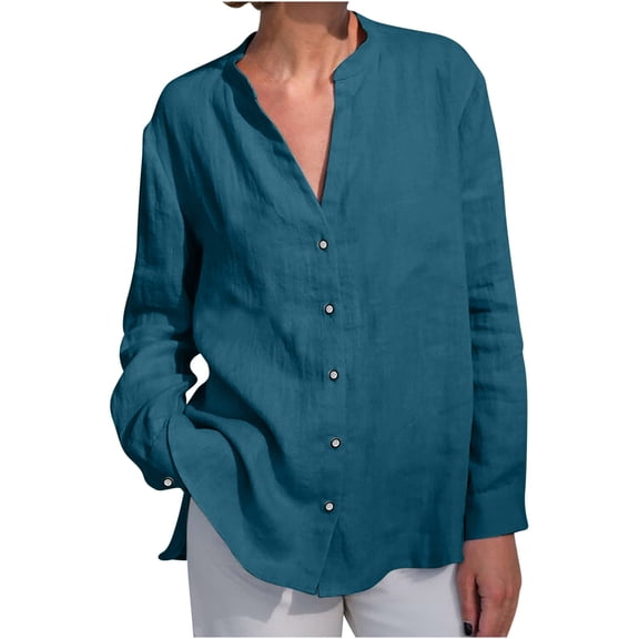 XuJwPNcy Womens Boho Cotton Shirt V Neck Button down Roll up Long Sleeve Lapel Blouse Tops Womens Spring Fashion Clothes(Blue,Medium)