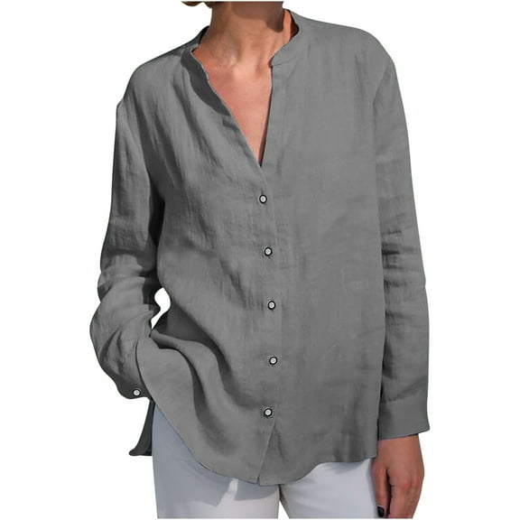 XuJwPNcy Womens Boho Cotton Shirt V Neck Button down Roll up Long Sleeve Lapel Blouse Tops Womens Spring Fashion Clothes(Dark Gray,Medium)