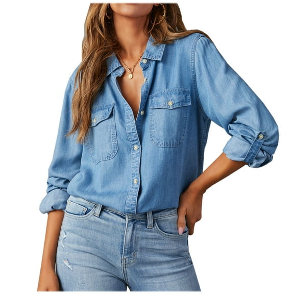 XuJwPNcy Womens Button down Denim Shirt Casual Slim Fit Jean Shirt Jacket Long Sleeve Roll up Distressed Tunic Tops（Blue,Medium)