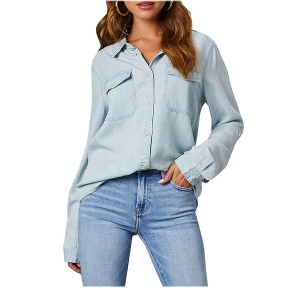 XuJwPNcy Womens Button down Denim Shirt Casual Slim Fit Jean Shirt Jacket Long Sleeve Roll up Distressed Tunic Tops(Light Blue,Medium)