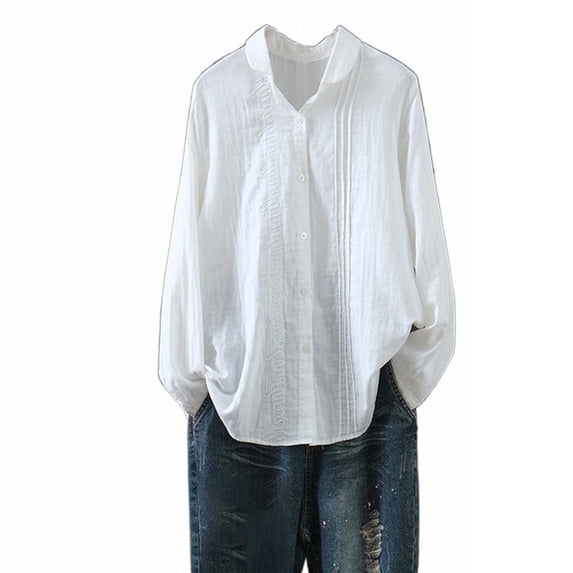 XuJwPNcy Womens Button down Shirts Cotton Linen Long Sleeve Dress Shirts Casual Fall Fashion Tops Solid Work Blouses(White,X-Large)