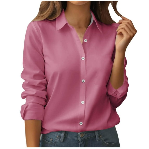 XuJwPNcy Womens Button down Shirts Solid Color Dress Shirt Long Sleeve Collared Office Work Blouses Tops Fall Outfits for Women（Pink,X-Large)