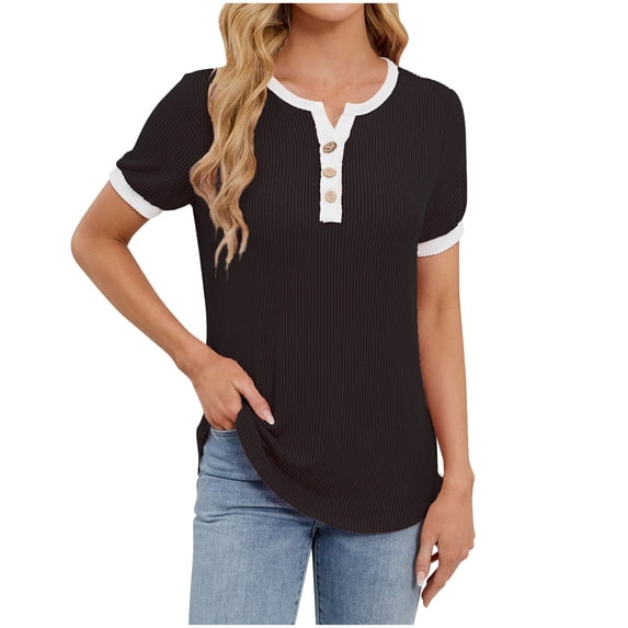 XuJwPNcy Womens Casual Henley Tshirts Texture Round Neck Button Short Sleeve Tops Summer Loose Fit Dressy Blouses