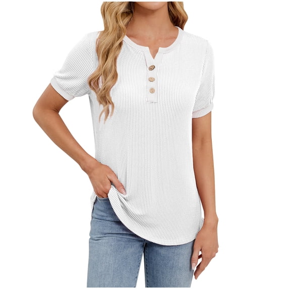 XuJwPNcy Womens Casual Henley Tshirts Texture Round Neck Button Short Sleeve Tops Summer Loose Fit Dressy Blouses
