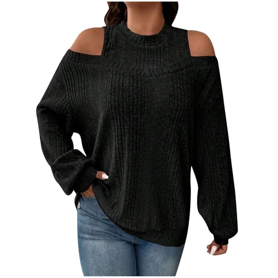 cfhntfmh Womens Cold Shoulder Tops Ribbed Knit Casual Long Sleeve Crewneck Sweatshirts Basic Loose Fall Fashion Pullover Sweaters