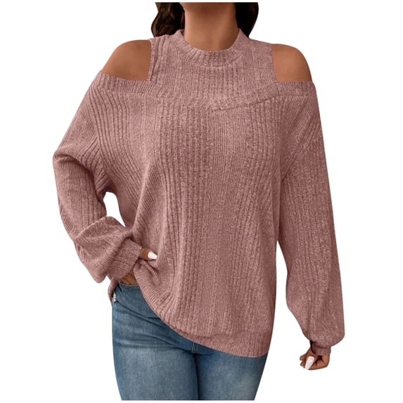 cfhntfmh Womens Cold Shoulder Tops Ribbed Knit Casual Long Sleeve Crewneck Sweatshirts Basic Loose Fall Fashion Pullover Sweaters