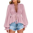 thumbnail image 1 of cfhntfmh Womens Dressy Casual Shirts Lace Long Sleeve Peplum Top Lace Trim V Neck Loose Fit Blouses Womens Fall Clothes（Pink,Large), 1 of 7