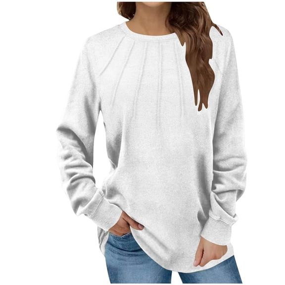 XuJwPNcy Womens Fall Clothes Long Sleeve Shirts for Women Pleated Crewneck Casual Tunic Tops Solid Color Fashion Clothing（White,XX-Large)