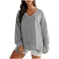 thumbnail image 1 of XuJwPNcy Womens Fall Clothes Oversized V Neck Sweatshirts Casual Long Sleeve Pullover Loose Fit Side Split Tops Fall Outfits for Women, 1 of 3