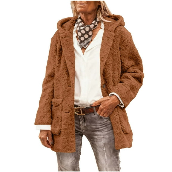 XuJwPNcy Womens Fuzzy Sherpa Winter Coat Baggy Long Sleeve Open Front Button down Cardigan Fluffy Fleece Jacket（Brown,Large)