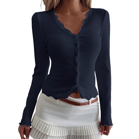XuJwPNcy Womens Lace V Neck Shirts Long Sleeve Ribbed Cardigan Slim Fitted Tops Fall Trendy Cropped Going out Shirts(Navy,XX-Large)