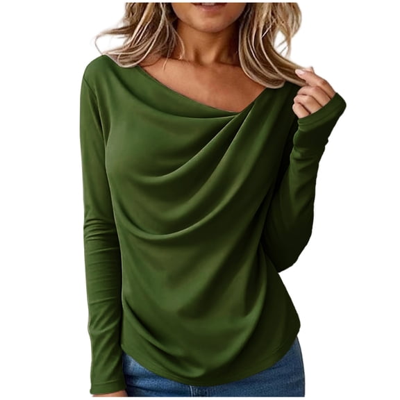 XuJwPNcy Womens Long Sleeve Cowl Neck off Shoulder Shirts Spring Ruched Casual Tops Going out Dressy Blouses