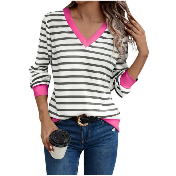 cfhntfmh Womens Long Sleeve T Shirts Striped V Neck Soft Basic Tee Loose Fit Casual Tops Winter Clothing for Women