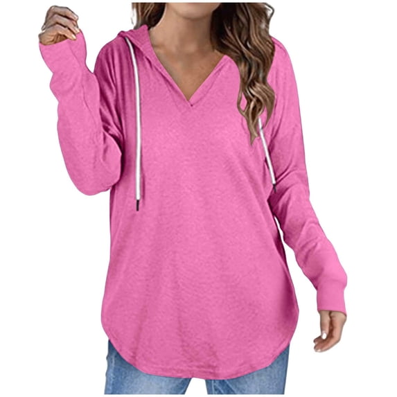 XuJwPNcy Womens Long Sleeve V Neck Hoodie Sweatshirts Drawstring Lightweight Pullover Tops Fall Outfits for Women Winter Clothes(Hot Pink,Small)