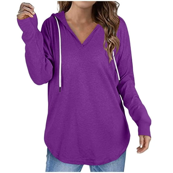 XuJwPNcy Womens Long Sleeve V Neck Hoodie Sweatshirts Drawstring Lightweight Pullover Tops Fall Outfits for Women Winter Clothes(Purple,Small)