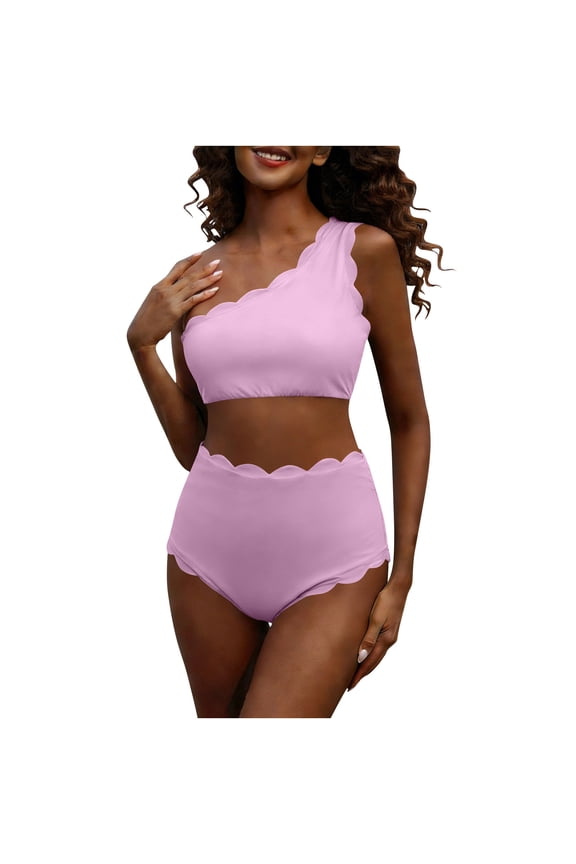 Womens One Shoulder Bikini Sets High Waisted Butt Lifting Bathing Suits Solid Scalloped Two Piece Swimsuit