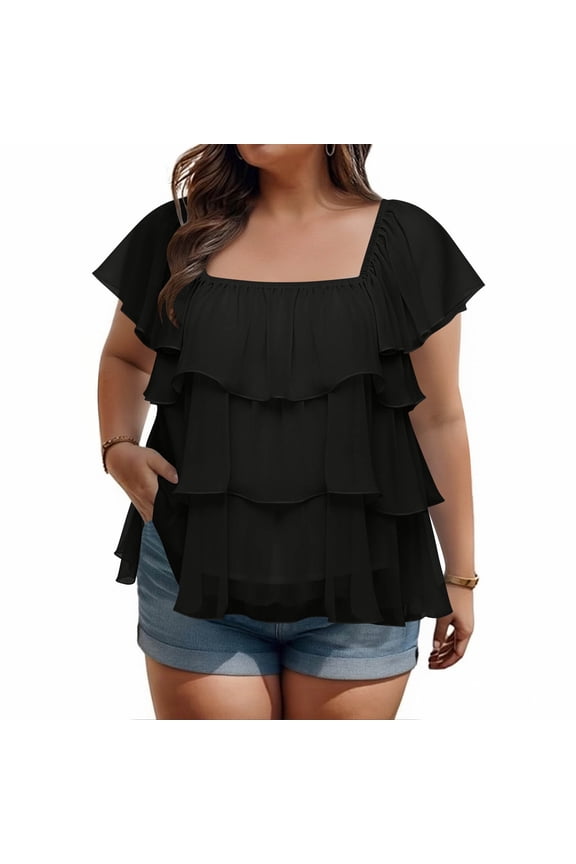 Womens Plus Size Tops Square Neck Tiered T Shirts Breathable Trendy Chiffon Blouses Summer Flowy Comfy Clothes