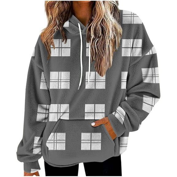 XuJwPNcy Womens Sherpa Fuzzy Pullover Plaid Fluffy Hoodie Fleece Sweatshirts Outerwear Winter Warm Coats with Pocket