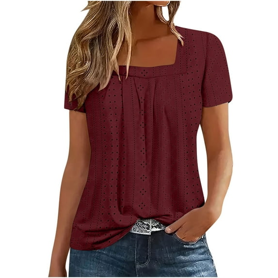 XuJwPNcy Womens Short Sleeve Square Neck Shirts Summer Dressy Casual Loose Eyelet Tops Boho Beach Vacation Tee Shirt