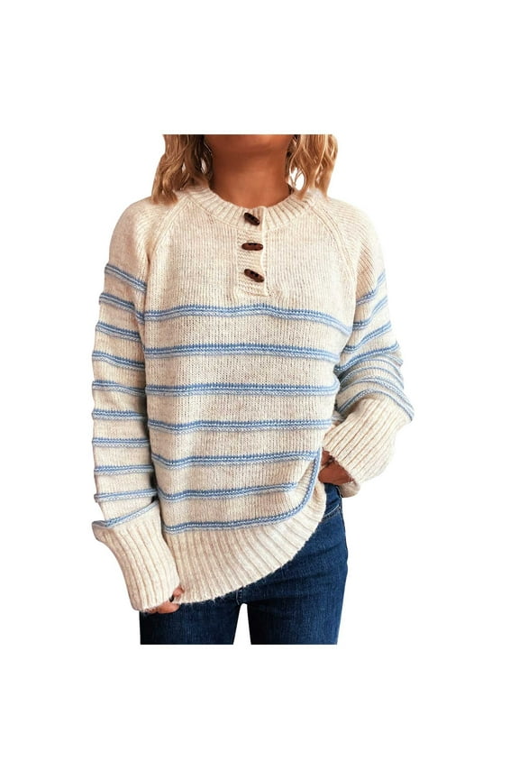 Womens Striped Swaters Button Crew Neck Shirts Color Block Long Sleeve Knit Trendy Pullover Tops（Beige,Large)