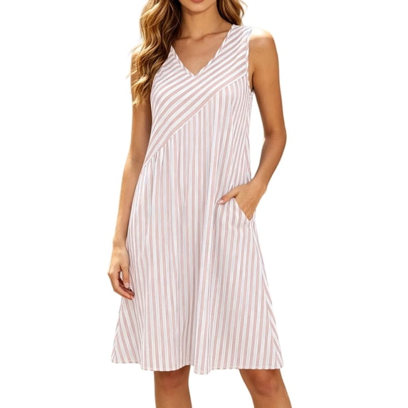 XuJwPNcy Womens Summer Dresses Sleeveless Striped Knee Length Dress with Pockets V Neck Comfortable Soft Dresses for Women
