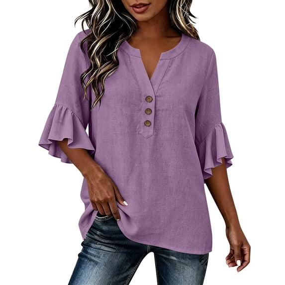 XuJwPNcy Womens T Shirts V Neck 3/4 Bell Sleeve Tops Trendy Ruffle Hem Blouse Casual Summer Outfits Ladies Soft Tees