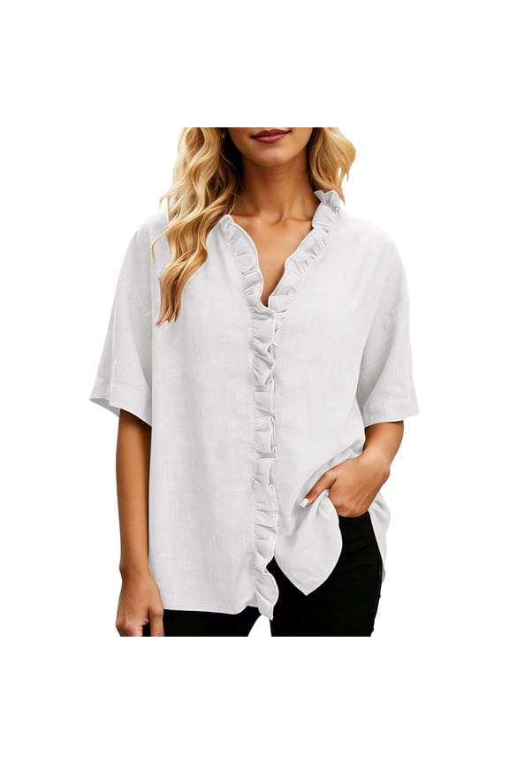 Womens Tops Lightweight Half Sleeve Trendy Tee V Neck Ruffle T-Shirts Thin Loose Fit Summer Clothes for Beach Travel