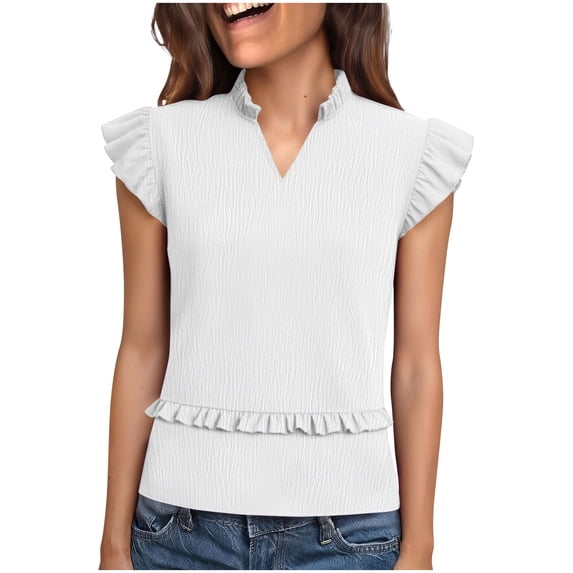 XuJwPNcy Womens Trendy Blouses V Neck Ruffle Cap Sleeve Textured Shirts Dressy Casual Cute Summer Vacation Tops