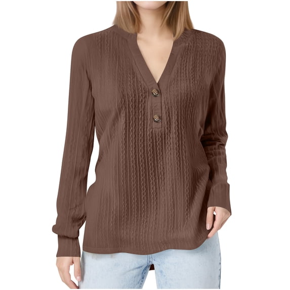 XuJwPNcy Womens V Neck Henley Shirt Casual Long Sleeve Textured Blouse Dressy Loose Fit Tunic Tops Fall Outfits for Women