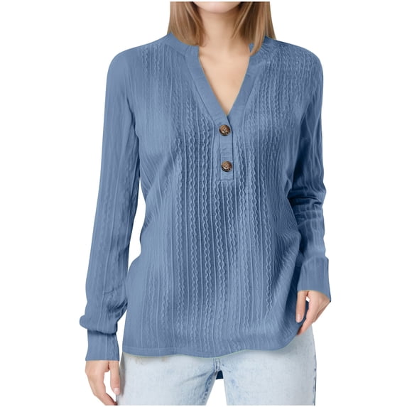 XuJwPNcy Womens V Neck Henley Shirt Casual Long Sleeve Textured Blouse Dressy Loose Fit Tunic Tops Fall Outfits for Women