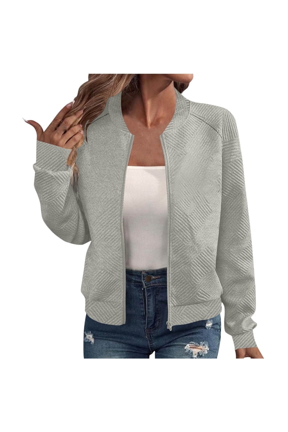 Womens Winter Jacket Coat Casual Stand Collar Zip up Lightweight Fall Fashion Jackets Outfits with Pockets(Gray,Small)