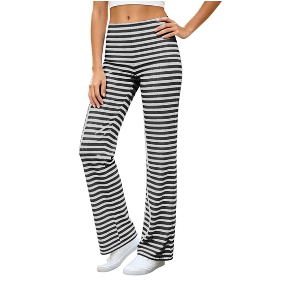 XuJwPNcy Yoga Pants for Women Soft Stretch High Waist Striped Pants Straight Leg Fold over Trousers(Black,Small)