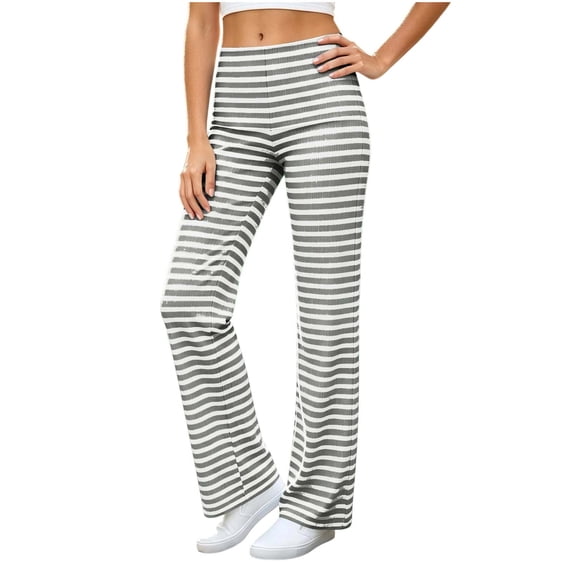 XuJwPNcy Yoga Pants for Women Soft Stretch High Waist Striped Pants Straight Leg Fold over Trousers(Gray,Small)